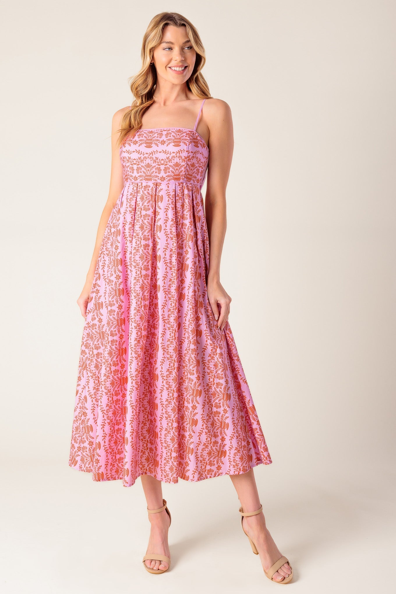 THE EVETTE PINK WOVEN MIDI DRESS Flying Tomato